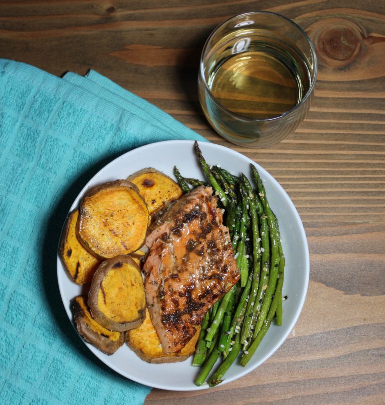 Balsamic Salmon with Roasted Asparagus and Sweet Potato