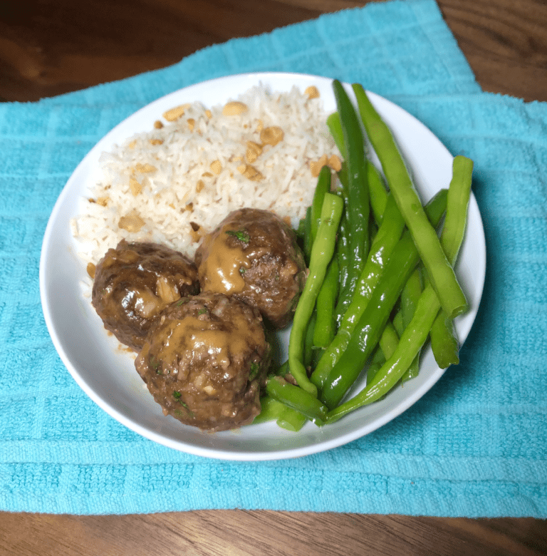Peanut Sauce Thai Meatballs with Green Beans and Rice
