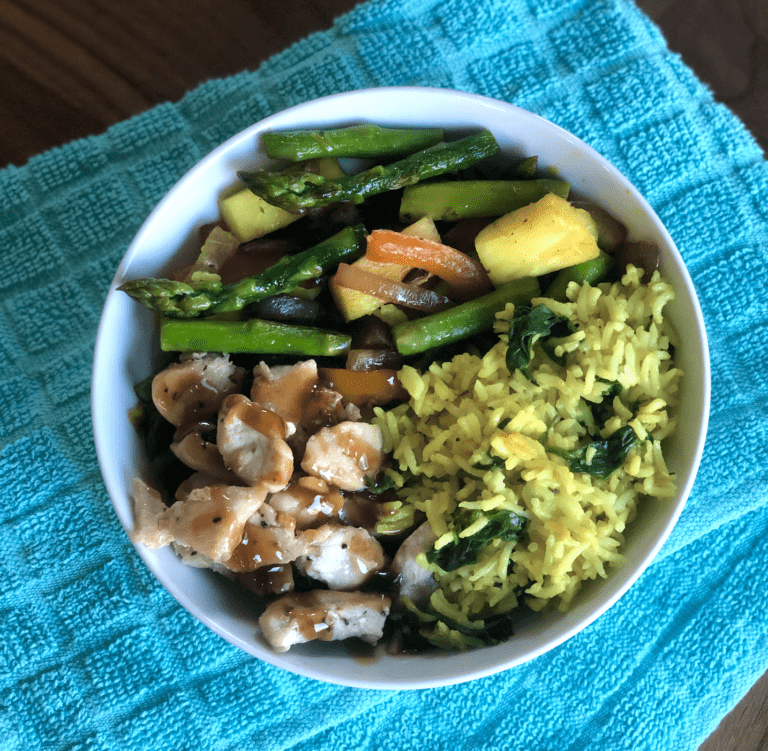 Pineapple Teriyaki Chicken Bowl with Creamy Coconut Spinach Rice